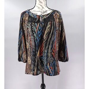 Figueroa & Flower Boho Peasant Blouse S Brown Tribal Aztec Lace Prairie Chic